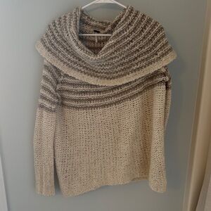 Free People Cozy Knit Cowl Neck Sweater - Cream and Brown